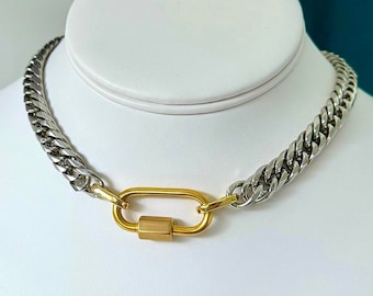 Gold Karabiner Halskette |  Edelstahl Panzerkette |  Handgefertigte Mixed Metal Halskette