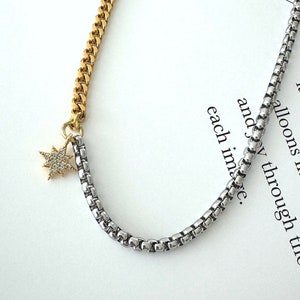 Mixed Metal Star Charm Necklace  |  Stainless Steel Rounded Box Chain  |  Two-Tone Necklace  |  Minimalist Layering Necklace  |  Curb Chain