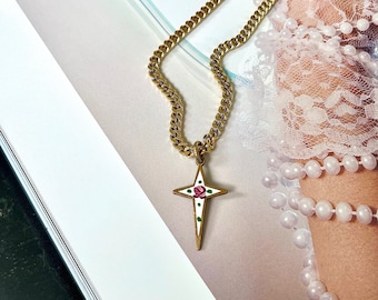 Vintage Mini Rose Cross Pendant Necklace  |  Gold Filled Curb Chain  |  Pink Heart Charm Layering Necklace  |  Gift for Her