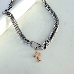 Mixed Metal Stainless Steel Curb Necklace  |  Star Cross Charm with Bold Silver Clasp  |  Edgy Layering Necklace