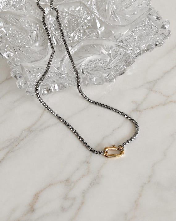 Grunge Charm Necklace  |  Stainless Steel Rounded Box Chain  |  Mini Clasp Necklace  |  Minimalist Layering Necklace