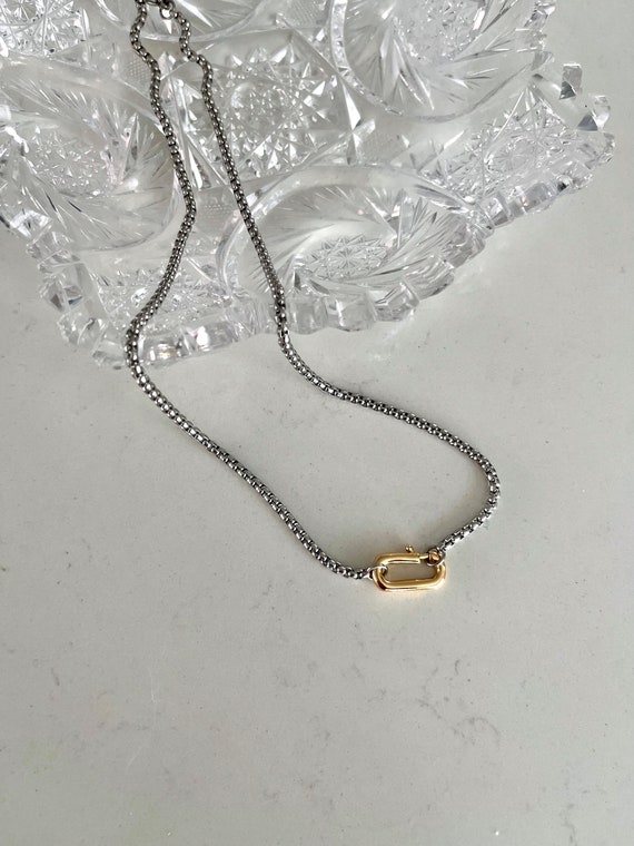 Grunge Charm Necklace  |  Stainless Steel Rounded Box Chain  |  Mini Clasp Necklace  |  Minimalist Layering Necklace