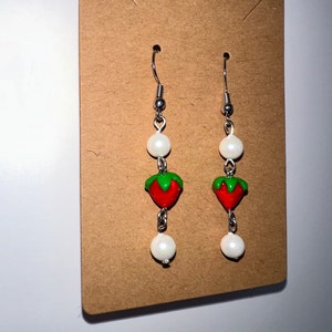 Strawberry Pearl Drop Earrings ~ handmade with polymer clay