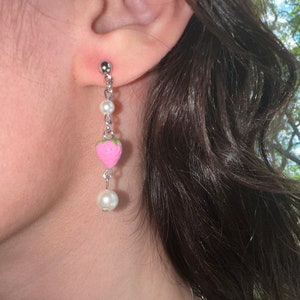 Pink Strawberry Pearl Drop Earrings ~ handmade with polymer clay