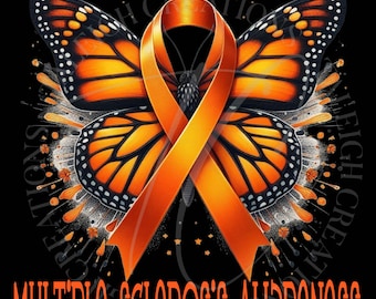 Könnte beinhalten: Ein orangefarbener Schmetterling mit einem orangefarbenen Band in der Mitte. Der Schmetterling hat schwarze Markierungen auf seinen Flügeln. Der Text "MULTIPLE SCLEROSIS AWARENESS" befindet sich am unteren Rand des Bildes.