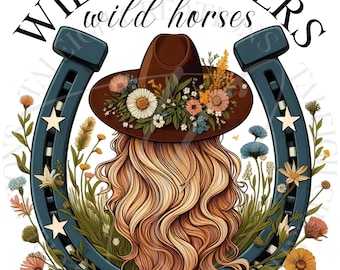 May include: A blue horseshoe with white stars and a floral wreath surrounding it. A woman with long blonde hair is wearing a brown cowboy hat with a floral wreath. The text "WILD FLOWERS wild horses" is written in a circle around the horseshoe.