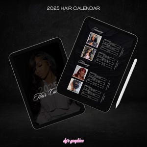 Op de afbeelding: Een digitale kalender voor 2025 met een zwart-wit ontwerp. Elke maand heeft een andere haarstijl met een ruimte om de haarstijl, kleur en andere details in te vullen. De kalender staat op een tabletscherm.