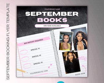 Plantilla de folleto de reservas para septiembre, peluquería, maquillaje, uñas (Canva)