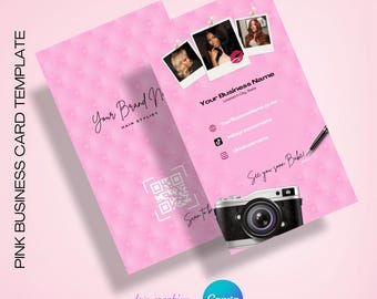 Pink Business Card Template with QR Code | Editable Canva Template for Hair Stylists, MUA, Makeup,  Lash Techs, Braiders | Minimalist Design