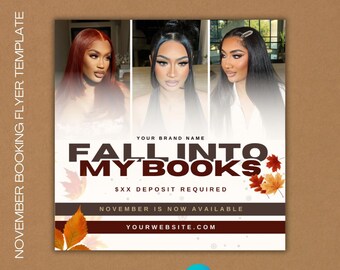 Plantilla de folleto de reservas para noviembre, peluquería, maquillaje, uñas (editable en Canvas, descarga digital)