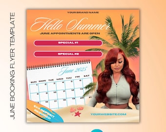 Plantilla de folleto de reservas de junio, citas de verano, Canva (descarga digital)