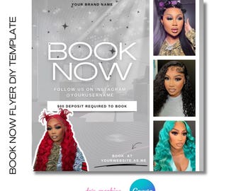 Plantilla de volante "Reserva ahora", plantillas de Canva, peluquería, maquilladores, técnicos de uñas, contenido de Instagram