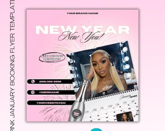 Plantilla de folleto de reservas de enero, diseño rosa de Año Nuevo (editable en lienzo, descarga digital)