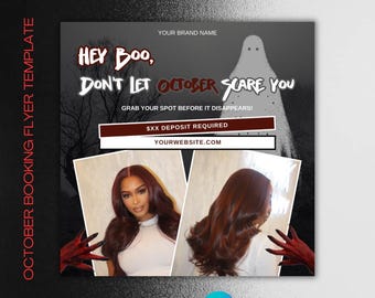 Plantilla de folleto para reservas de octubre, peluquería, maquillaje, uñas (editable en Canvas, descarga digital)