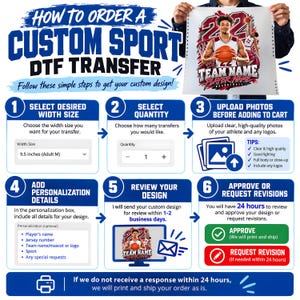 The image is a step-by-step guide on how to order a custom sports DTF (Design-to-Print) transfer, providing instructions on selecting the desired width size, quantity, and personalization options, as well as reviewing and approving the design.