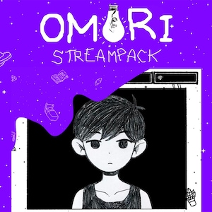 Peut inclure: Un fond violet avec des étoiles blanches et un contour blanc d'une ampoule avec le mot "OMORI" et le texte "STREAMPACK" en dessous. Un contour blanc d'un écran d'ordinateur avec un fond noir montre un personnage de dessin animé avec des cheveux noirs et un débardeur noir.