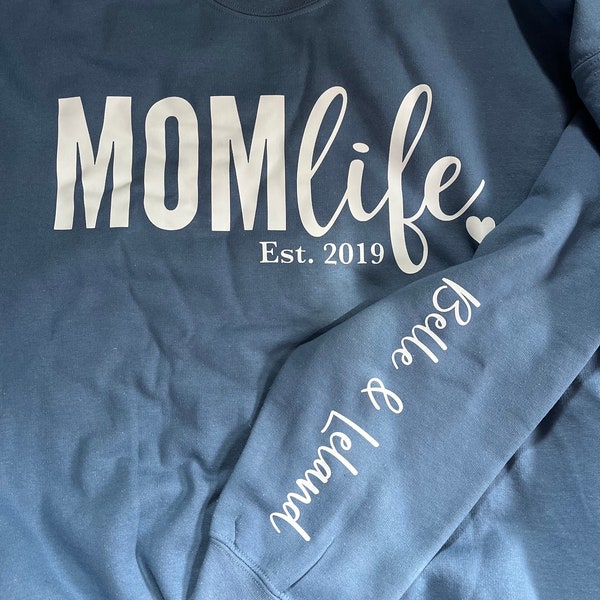 Customizable Mom Life Est. with Custom Names Top Gift, Mother’s Day, Mom and Mama Apparel Clothes T-Shirt, Custom Name Color Crewneck