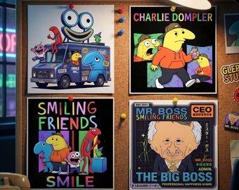 Smiling friends Shirt Graphic designs , 4 PNG pack , Glep T Shirt designs , Charlie , Mr Boss, smiling friends poster