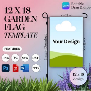 Può includere: Un modello per una bandiera da giardino di 30,5 x 45,7 cm. Il modello presenta un cielo blu con una nuvola bianca, colline verdi e il testo "Your Design". Il modello è modificabile in Canva e può essere scaricato nei formati PNG, JPG, SVG, DXF, PS, PDF, W e PPTX.