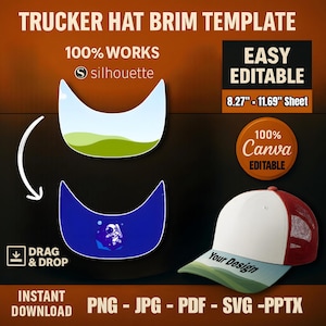 May include: A template for a trucker hat brim, with two examples of designs. The template is 8.27 inches by 11.69 inches and is 100% editable in Canva. The text "100% Works" and "Easy Editable" is displayed on the image. The text "Drag & Drop" and "Instant Download" is also displayed on the image. The template is available in PNG, JPG, PDF, SVG, and PPTX formats.
