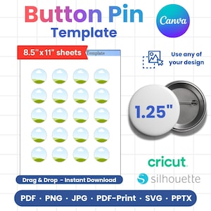 1.25&quot; Button Pin Template, Button Pin Svg, Button Pin Blank, Sublimation Button Pin Template, Badge Circle  SVG PNG , PDF ,, pinned button
