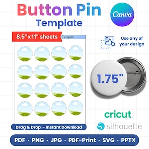 1.75&quot; Button Pin Template, Button Pin Svg, Button Pin Blank, Sublimation Button Pin Template, Badge Circle  SVG PNG , PDF ,, pinned button