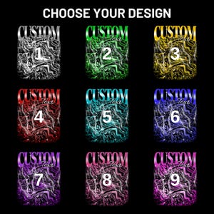 May include: Nine different designs for a custom t-shirt. Each design features a swirling pattern in a different color, with a number from 1 to 9 in the center. The text "CUSTOM Text" appears above each design.
