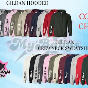 May include: Color chart for Gildan hooded sweatshirts and crewneck sweatshirts. The chart shows the different colors available for each style, including white, black, sport grey, dark heather, light pink, military green, sand, maroon, navy, ash, red, and forest.