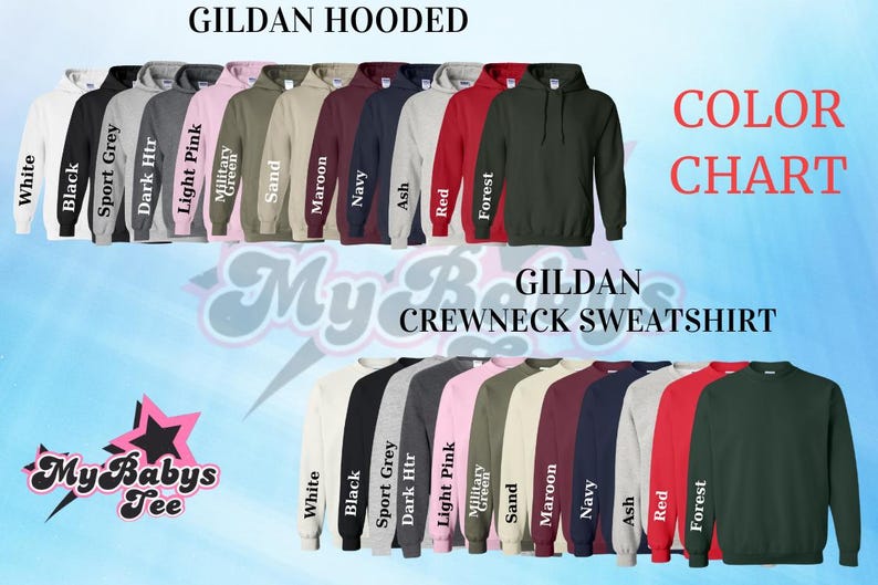May include: Color chart for Gildan hooded sweatshirts and crewneck sweatshirts. The chart shows the different colors available for each style, including white, black, sport grey, dark heather, light pink, military green, sand, maroon, navy, ash, red, and forest.