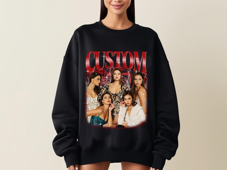 May include: Black sweatshirt with a red "CUSTOM" graphic featuring a group of women in a vintage style.