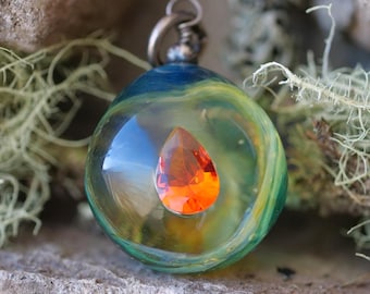 Green Water Crystal Necklace -  Iridescent Glass Pendant Magical Fantasy Jewellery