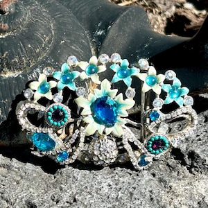 Blue Floral Enamel and Rhinestone Belt Buckle