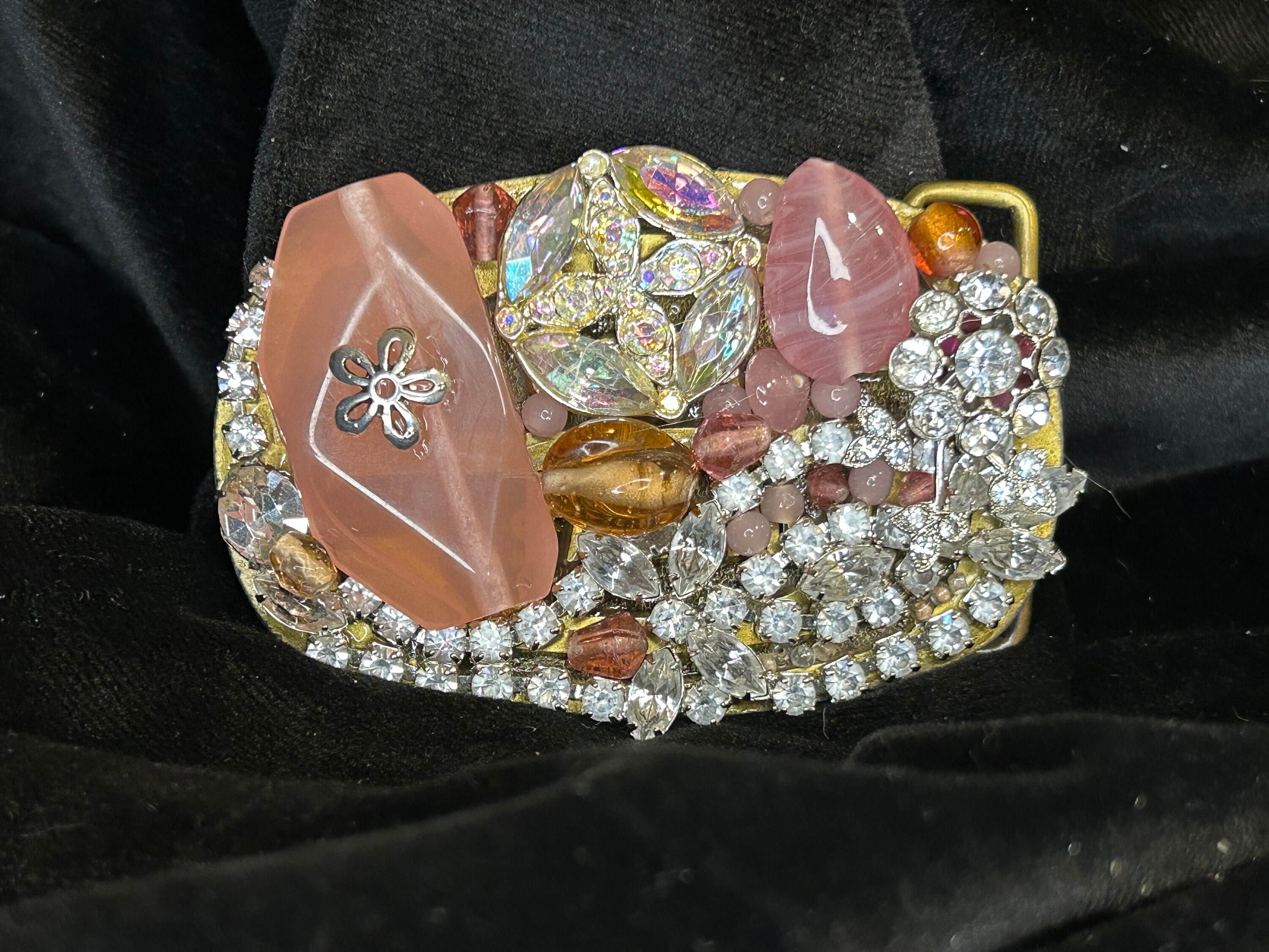 Rhinestone Belt Buckle with Pink and Iridescent Stones Western Ladies Rhinestone Belt, Pink Leather, Cut Glass  main image 2