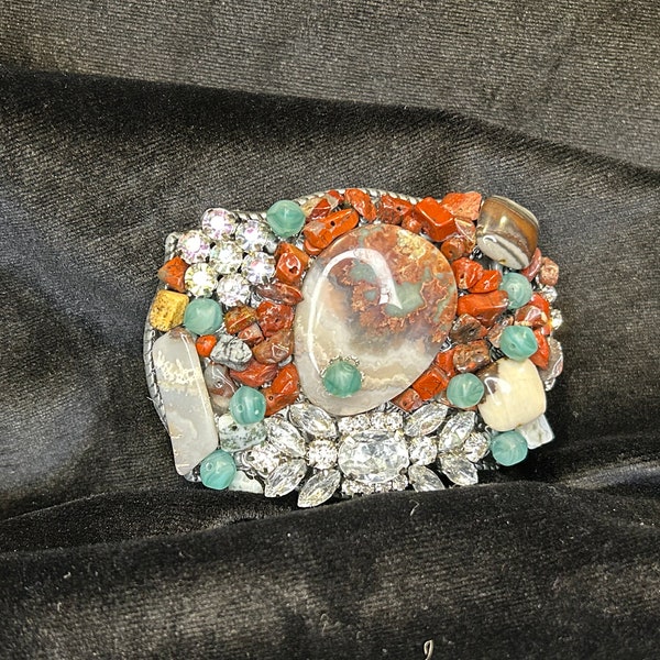 Clear Crystals, Rhinestones, Coral and Turquoise Beads w/Agate Center Belt Buckle