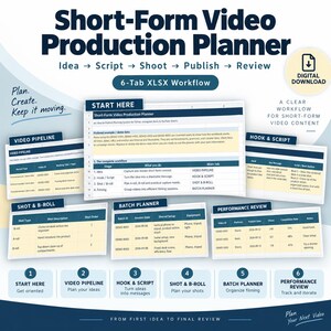 Pode incluir: Um planejador digital de produção de vídeo curto com seis abas: Start Here, Video Pipeline, Hook & Script, Shot & B-Roll, Batch Planner e Performance Review. A planilha apresenta um fluxo de trabalho para a criação de conteúdo.