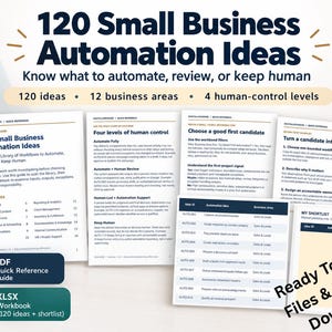 Może przedstawiać: Cyfrowy przewodnik zatytułowany 120 Small Business Automation Ideas, zawierający podręcznik PDF i skoroszyt XLSX. Strony zawierają tekst dotyczący poziomów automatyzacji, obszarów biznesowych oraz listę do planowania przepływów pracy.