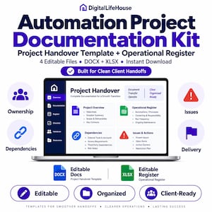 Puede incluir: Un kit de documentación de proyectos de automatización que muestra en una pantalla de portátil una plantilla de entrega de proyectos con secciones de resumen, registro operativo, dependencias y problemas. Incluye iconos de archivos DOCX y XLSX.