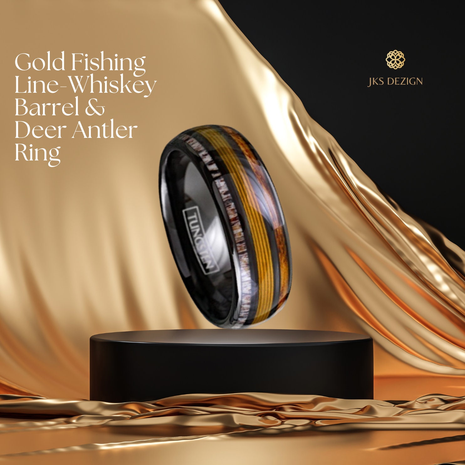 Gold Fishing Line Whiskey Barrel & Deer Antle Ring Band Gift for