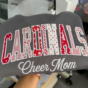 Custom Patchwork Embroidered Sweatshirt, College Style Applique Shirt, Personalized School Spirit Hoodie, Cheer Mom & Dad Shirt Gift