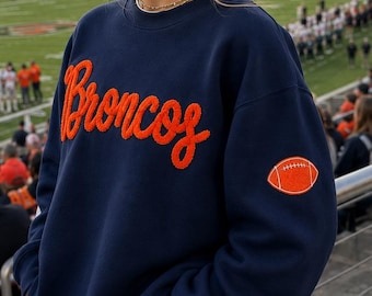 Custom Chenille Football Sweatshirt, Navy Orange Game Day Crewneck, Personalize Sporty Cheer Outfit, Team Colors Gift, Football Sleeve Icon