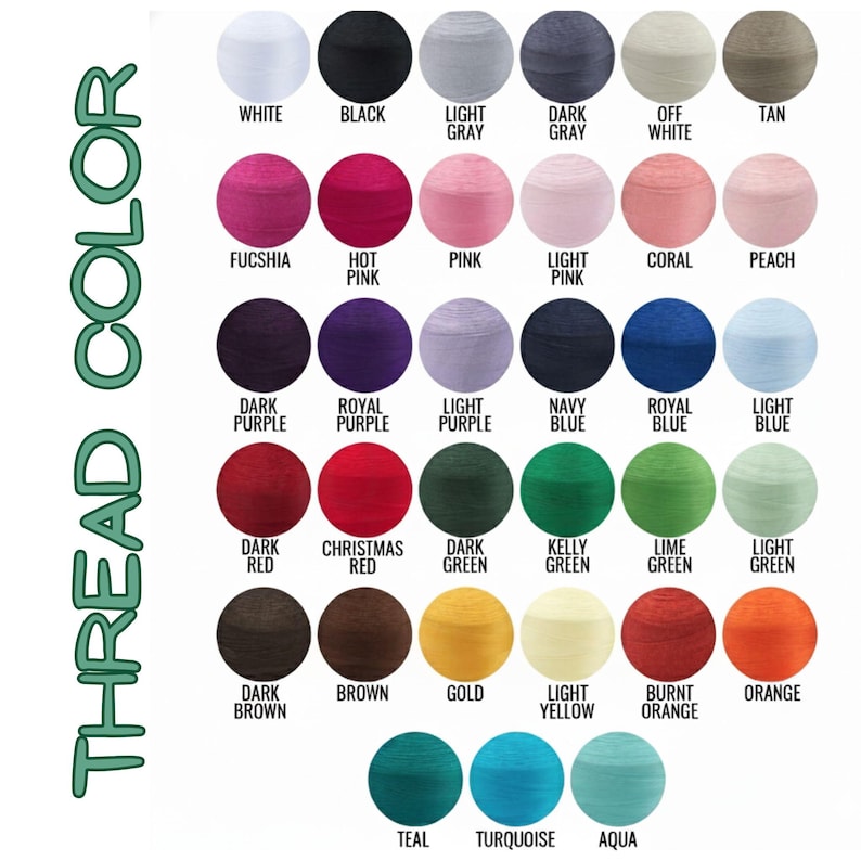 May include: A color chart displaying a variety of thread colors. The chart includes shades of white, black, gray, pink, purple, blue, red, green, brown, yellow, orange, teal, turquoise, and aqua. The text "THREAD COLOR" is on the left.