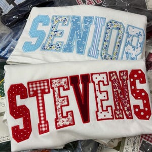 May include: Two white t-shirts featuring large, block-style fabric applique lettering. The top shirt displays the word SENIOR in light blue floral and striped patterns. The bottom shirt displays the word STEVENS in red floral and gingham patterns.