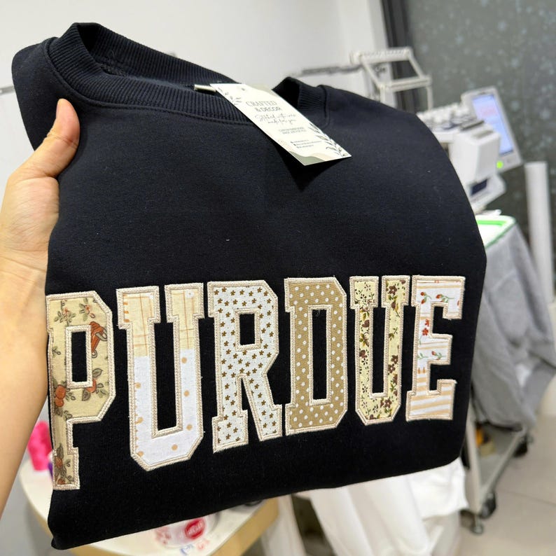 Custom Embroidered Sweatshirt Applique Varsity Letters, Personalized College Style Crewneck, Patchwork Fabric Name Hoodie Gift image 8