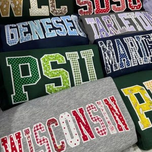 Custom Embroidered Sweatshirt Applique Varsity Letters, Personalized College Style Crewneck, Patchwork Fabric Name Hoodie Gift image 3