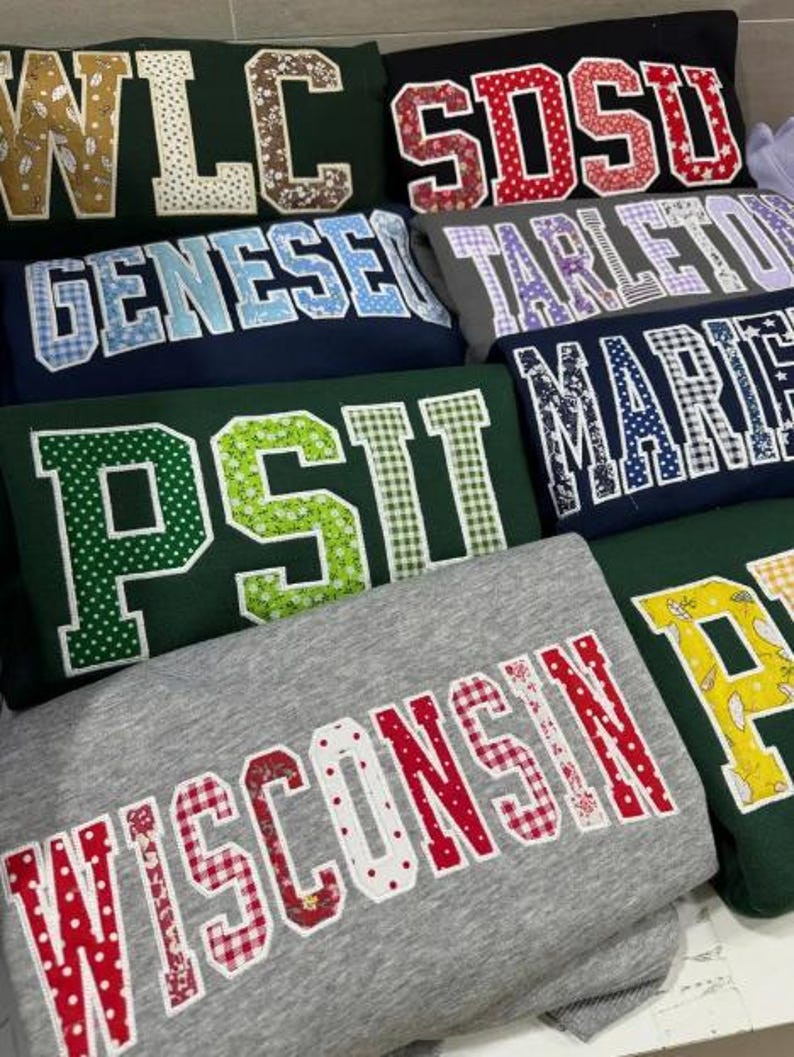 Custom Embroidered Sweatshirt Applique Varsity Letters, Personalized College Style Crewneck, Patchwork Fabric Name Hoodie Gift image 3