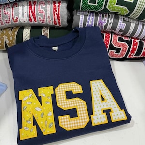Custom Embroidered Sweatshirt Applique Varsity Letters, Personalized College Style Crewneck, Patchwork Fabric Name Hoodie Gift image 4