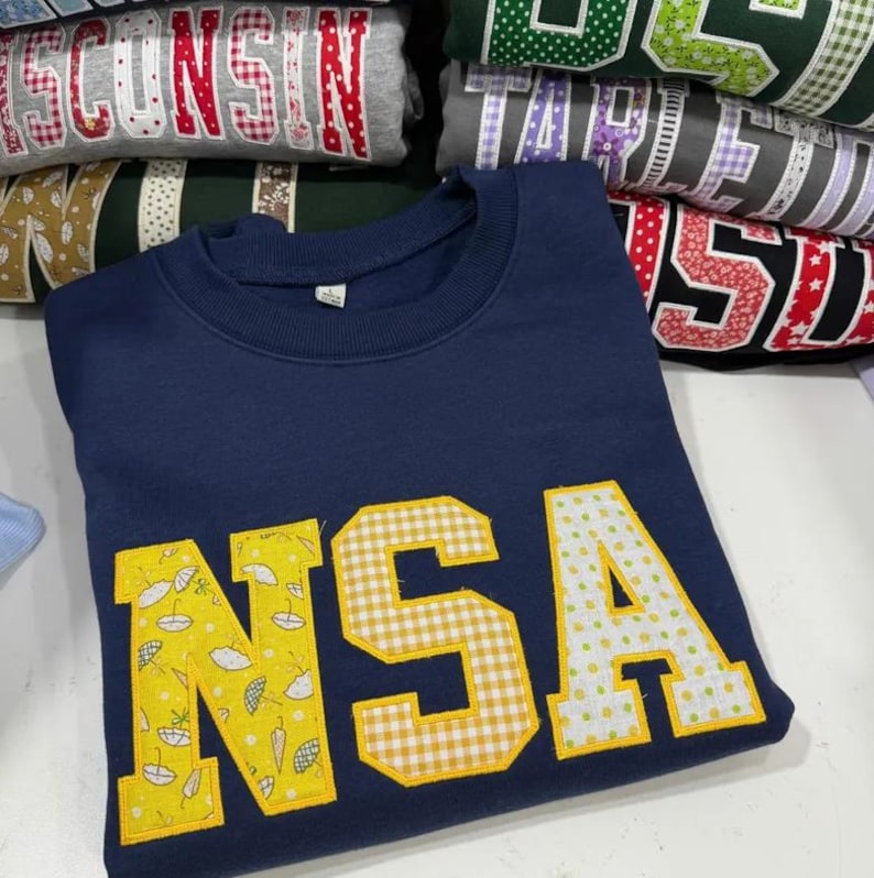 Custom Embroidered Sweatshirt Applique Varsity Letters, Personalized College Style Crewneck, Patchwork Fabric Name Hoodie Gift image 4