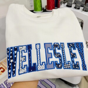 Custom Embroidered Sweatshirt Applique Varsity Letters, Personalized College Style Crewneck, Patchwork Fabric Name Hoodie Gift image 5