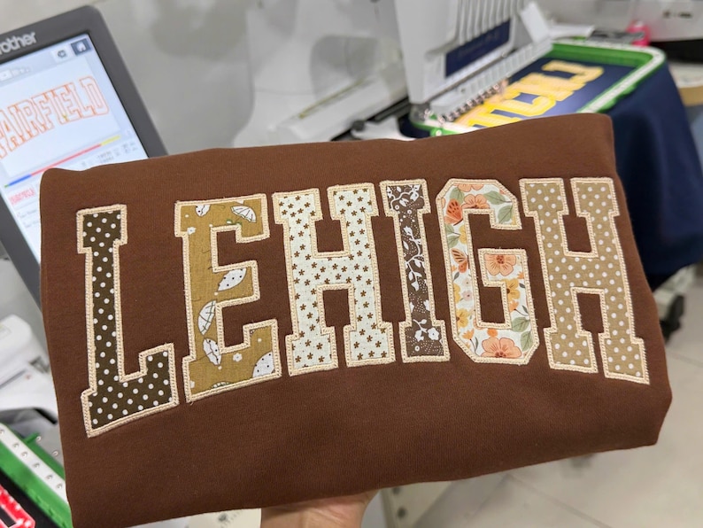 Custom Embroidered Sweatshirt Applique Varsity Letters, Personalized College Style Crewneck, Patchwork Fabric Name Hoodie Gift image 7