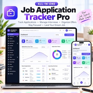 May include: A digital job application tracker software interface displayed on a laptop screen and a smartphone. The dashboard features colorful charts, application status metrics, and lists of recent applications and upcoming interviews.
